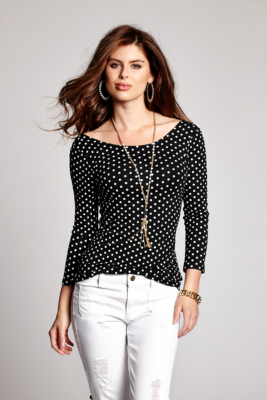 Three-Quarter Sleeve Scoop-Back Polka-Dot Top | GUESS.com