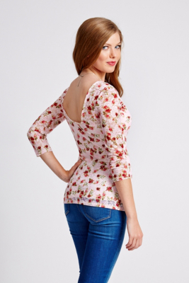 Three-Quarter Sleeve Printed Lace Top | GUESS.ca