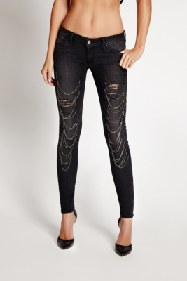 Low-Rise Skinny Jeans with Chains in Faded Noir Wash | GUESS.com