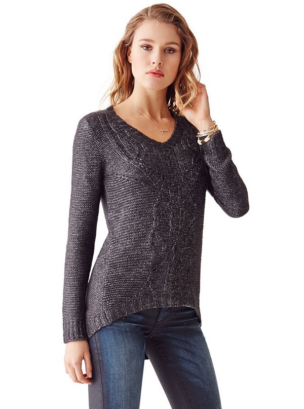 Long-Sleeve V-Neck Cable-Knit Sweater | GUESS.com