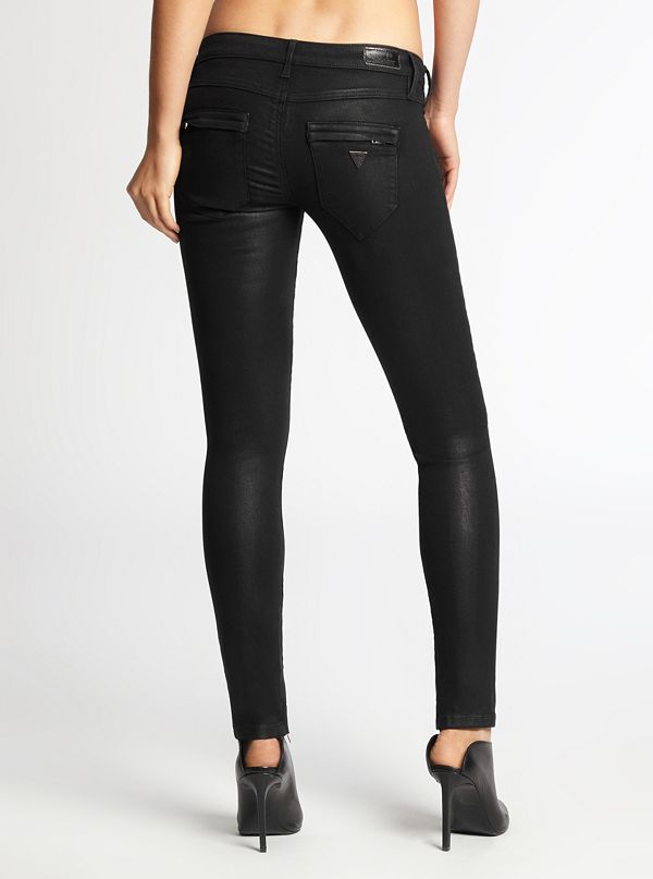 Low-Rise Black Moto-Seam Skinny Jeans with Clear Coating | GUESS.com