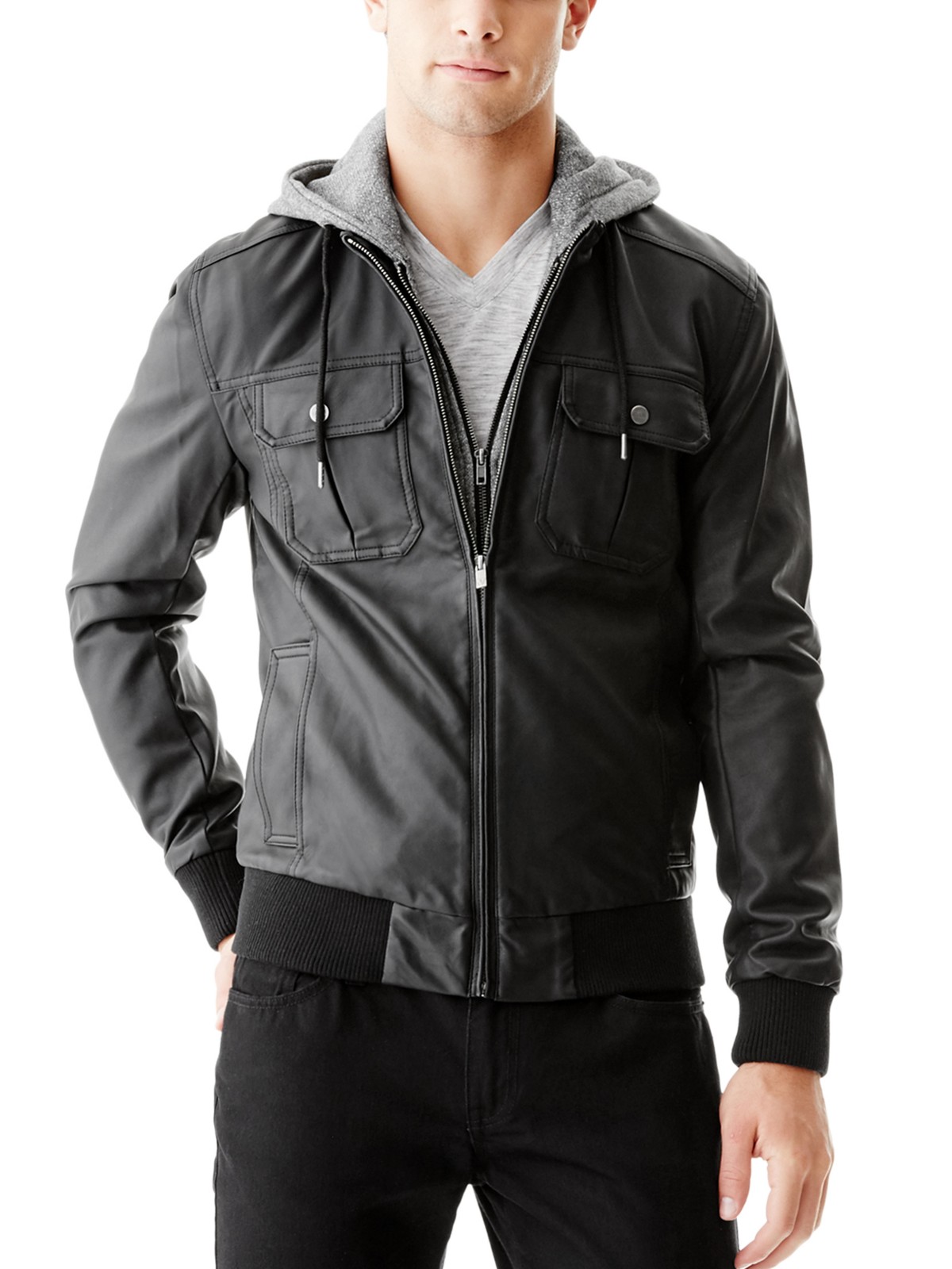 GUESS Men's Elliot Hooded Faux-Leather Jacket | eBay