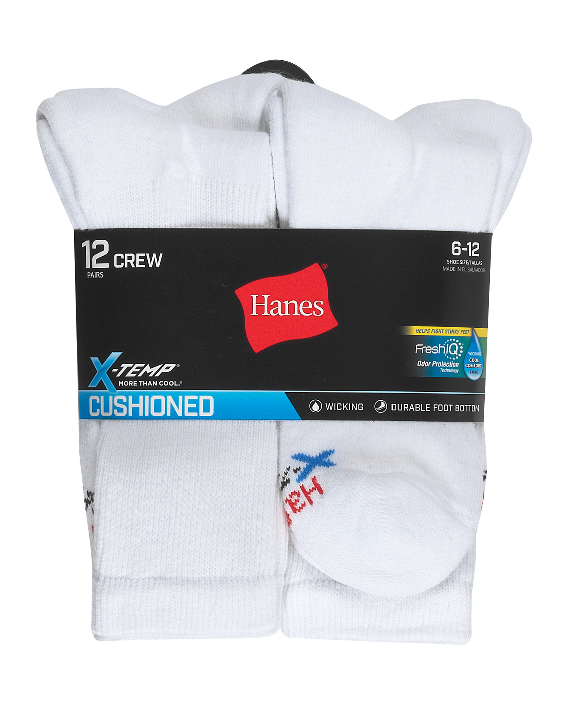 Hanes Men's Crew Socks 12-Pack FreshIQ X-Temp Active Cool Arch Compression 6-12 