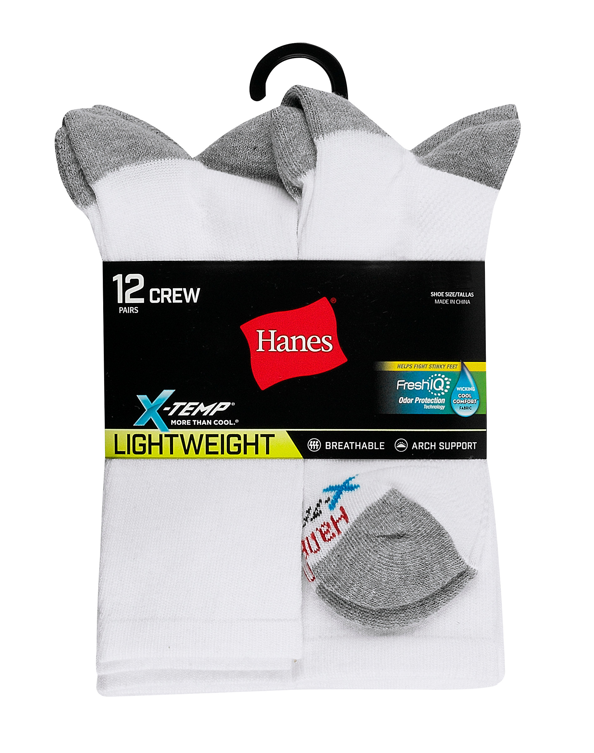 Hanes Crew Socks 12-Pack Men's FreshIQ X-Temp Arch support Cool Comfort Wicking