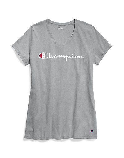 Champion Women's V-Neck Tee T-Shirt Vintage Script Logo Jersey Short Sleeve  Plus | eBay