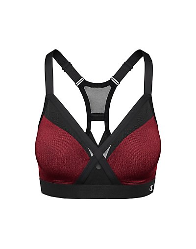 The Curvy Sports Bra you love with the added ventilation of a mesh X-back keyhole design. Flattering V-neckline shapes for a curvier look. Mesh overlay on molded cups smooth, shape and support. Wide, ultra-soft bottom band with repeating Champion script logo (placement of logo will vary). Moderate Support cups are ideal for the gym, walking and cycling. Back adjust, stretch fashion straps. Padded hook and eye close.