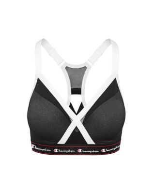 The Curvy Sports Bra you love with the added ventilation of a mesh X-back keyhole design. Flattering V-neckline shapes for a curvier look. Mesh overlay on molded cups smooth, shape and support. Wide, ultra-soft bottom band with repeating Champion script logo (placement of logo will vary). Moderate Support cups are ideal for the gym, walking and cycling. Back adjust, stretch fashion straps. Padded hook and eye close.
