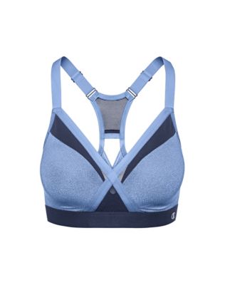 The Curvy Sports Bra you love with the added ventilation of a mesh X-back keyhole design. Flattering V-neckline shapes for a curvier look. Mesh overlay on molded cups smooth, shape and support. Wide, ultra-soft bottom band with repeating Champion script logo (placement of logo will vary). Moderate Support cups are ideal for the gym, walking and cycling. Back adjust, stretch fashion straps. Padded hook and eye close.