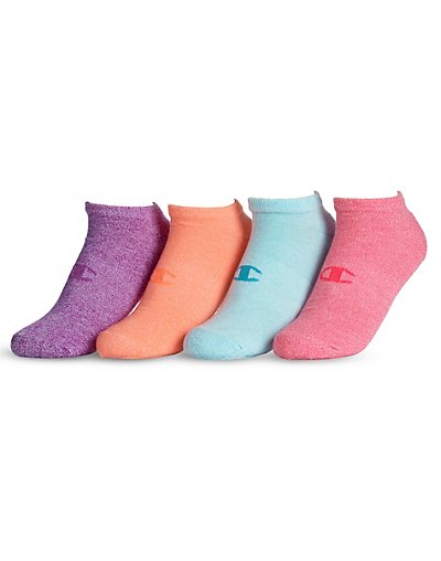 No sweat, no problem with No-Show Socks designed for cooler performance. In fun, heather solids. Double Dry3; moisture wicking technology keeps feet drier. Arch support provides a secure, stable fit. Cushioned heel and toe in high impact areas. Super soft, durable polyester blend with spandex. Low profile, no-show cuff.