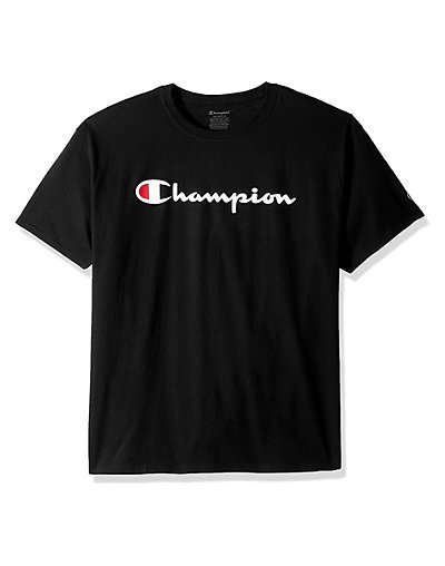 The essential Cotton Tee he needs in his line-up, now with our classic Champion script logo. Cotton jersey is ring-spun for durability and softness (Greys are a cotton-rich blend). Set-on rib trim collar and cuffs. Soft back neck tape for no irritation. Athletic fit for ease and comfort. Two-color Champion script logo center chest. C patch logo on cuff.