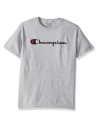 The essential Cotton Tee he needs in his line-up, now with our classic Champion script logo. Cotton jersey is ring-spun for durability and softness (Greys are a cotton-rich blend). Set-on rib trim collar and cuffs. Soft back neck tape for no irritation. Athletic fit for ease and comfort. Two-color Champion script logo center chest. C patch logo on cuff.