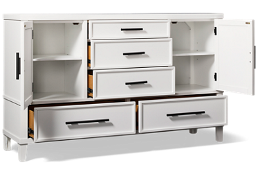 Snowbound 5 Drawer Dresser - 2 Doors - Solid Asian Hardwood - Cedar-Lined Bottom Drawers - Mineral Black Hardware - Modern Farmhouse Storage