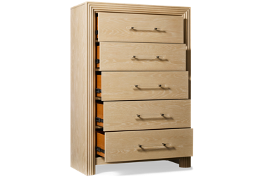 Sunrise 5 Drawer Chest - Cedar-Lined Bottom Drawer - Fluted Resin Drawer Fronts - Acrylic Handles with Nickel Accents - Modern Art Deco Style