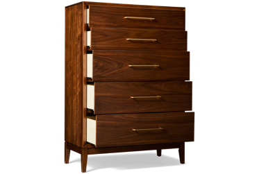 Jasper 5 Drawer Chest - Rich Walnut Finish - Soft-Close Drawers - Champagne Bronze Hardware