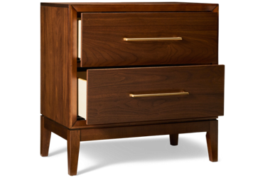 Jasper 2 Drawer Nightstand - Rich Walnut Finish - Soft-Close Drawers - Champagne Bronze Hardware - Built-in Power Outlets