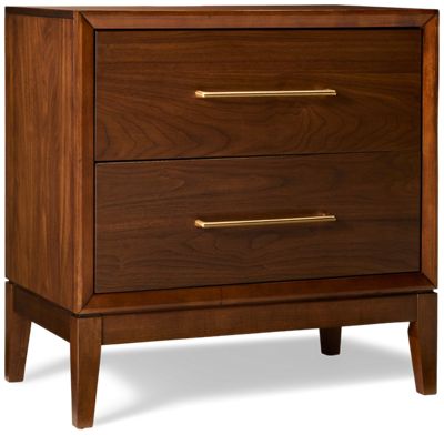 Jasper 2 Drawer Nightstand - Rich Walnut Finish - Soft-Close Drawers - Champagne Bronze Hardware - Built-in Power Outlets