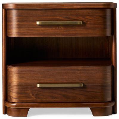 Delia 2 Drawer Nightstand - Mid-Century Modern Style - Dual USB Charging Ports - Long Metal Pulls - Middle Shelf with Nightlight