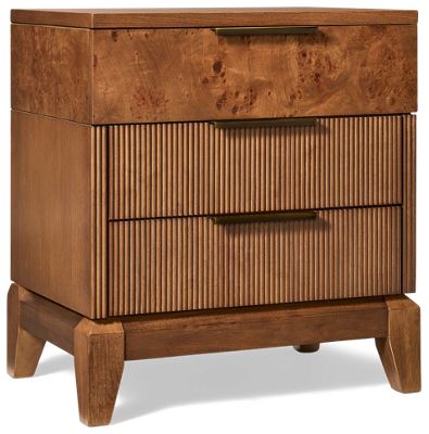 Manhattan Valley 3 Drawer Nightstand - Grooved Details - Felt-Lined Top Drawer - Built-In USB-A & USB-C Charging - Bronze Edge Pulls - Modern Elegance