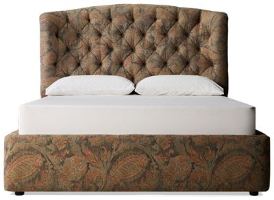Cherie Queen Upholstered Bed - Fully Upholstered Low-Profile Frame - High Quilted Button-Tufted Headboard - Intricate Paisley-Patterned Fabric