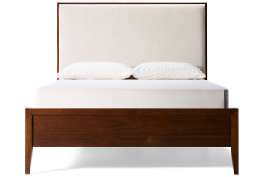 Jasper Queen Upholstered Bed - Rich Walnut Finish - Low Profile - Built-In USB Ports - Mid-Century Modern