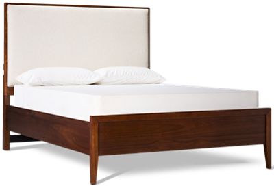 Jasper Queen Upholstered Bed - Rich Walnut Finish - Low Profile - Built-In USB Ports - Mid-Century Modern