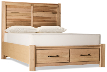 Cool Rustic Queen Plank Storage Bed - Modern Farmhouse Style - Planked High Headboard - Solid Maple Construction - Two Footboard Storage Drawers