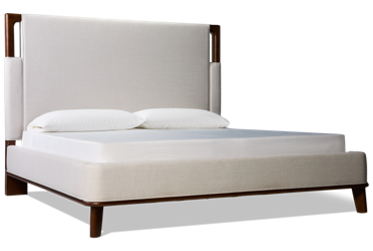 Delia King Upholstered Bed - Tall Upholstered Headboard - Exposed Wood Corners