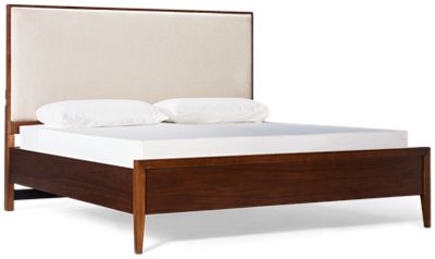 Jasper King Upholstered Bed - Rich Walnut Finish - Low Profile - Built-In USB Ports - Mid-Century Modern