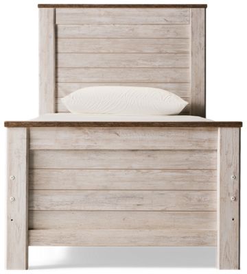 Willowton Twin Panel Storage Bed - Cottage-Style Design - Whitewashed Planks - 2 Deep Side Drawers - Antiqued Brass-Tone Hardware