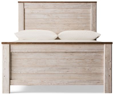 Willowton Full Panel Storage Bed - Cottage-Style Design - Whitewashed Planks - 2 Deep Side Drawers - Antiqued Brass-Tone Hardware