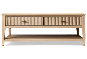 Carmella Rectangular Coffee Table - Beveled Details - Tapered Legs - 2 Storage Drawers - Open Shelf - Convenient Casters