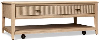 Carmella Rectangular Coffee Table - Beveled Details - Tapered Legs - 2 Storage Drawers - Open Shelf - Convenient Casters
