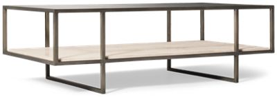 Harlow Rectangular Coffee Table - Beveled Tempered Glass Top - Open Travertine Shelf - Oil-Rubbed Bronze Frame - Transitional Glam