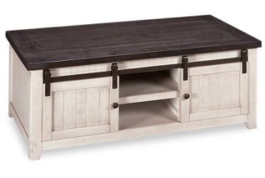 Madison County Rectangular Coffee Table - Reclaimed Pine - Vintage White Finish - Gliding Barn Door Accents - Rustic Farmhouse Style - Storage