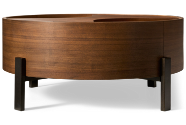 Nova Coffee Table - Round Rotating Top - Inside Storage - Rich Walnut Finish - Black Metal Legs - Contemporary