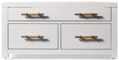 Rosalie Square Coffee Table - Coastal Charm - Glass Top - 3 Storage Drawers - Open Shelf - Convenient Casters