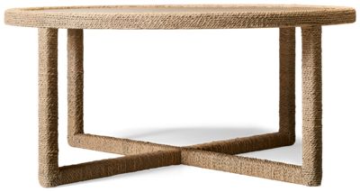 Oasis Abaca Coffee Table - Coastal Modern Design - Round Sintered Stone Top - X-Shaped Base - Natural Abaca Wrapping