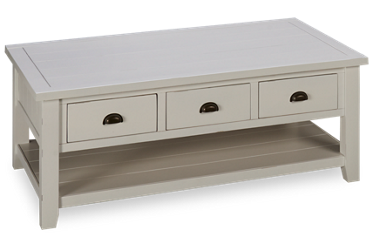 Artisan's Craft Rectangular Coffee Table - Solid Acacia - Weathered White Finish - Storage Drawers - Open Shelf - Antique Brass Hardware - Casters