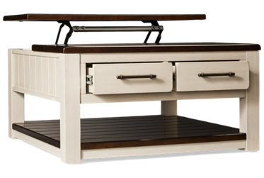 Darborn Lift Top Coffee Table - 2 Storage Drawers - Open Bottom Shelf - Two-Tone Finish - Casters - Modern Farmhouse