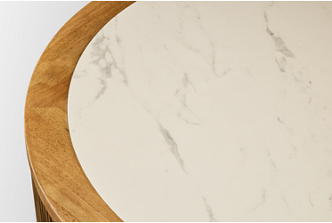 Camdill Round Coffee Table - Casters - Faux Carrara Marble Top - Fluted Plinth Base - Contemporary