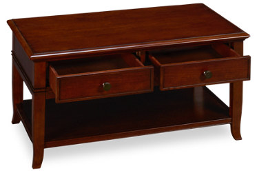 Campbell Coffee Table - Burnished Cherry - Storage Drawers - Removable Casters - Easy Mobility