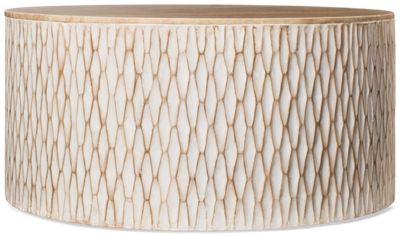 Lorenzo Coffee Table - Round Travertine Top - Mango Wood Base - Carved Diamond Pattern - Coastal Design
