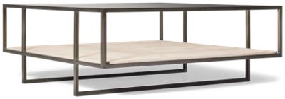 Harlow Square Coffee Table - Beveled Tempered Glass Top - Open Travertine Shelf - Oil-Rubbed Bronze Frame - Transitional Glam