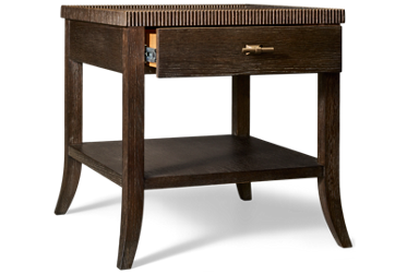 Montclair Cocoa End Table - 1 Storage Drawer - Open Shelf - Starburst Parquet Wood Top - Fluted Edge Details - Rich Brown Finish