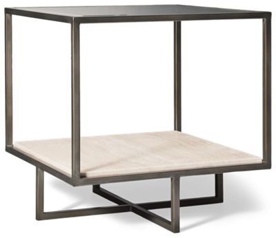 Harlow Square End Table - Beveled Tempered Glass Top - Open Travertine Shelf - Oil-Rubbed Bronze Frame - Transitional Glam