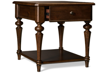 Arden Road End Table - 1 Storage Drawer - Lower Shelf - Antique Brass Hardware - Satin Cherry Finish - Classic Details