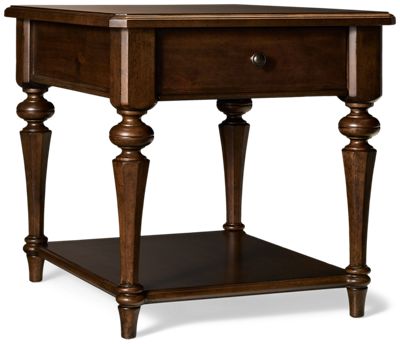 Arden Road End Table - 1 Storage Drawer - Lower Shelf - Antique Brass Hardware - Satin Cherry Finish - Classic Details