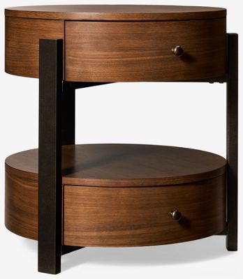 Nova Round End Table - 2 Storage Drawers - Rich Walnut Finish - Black Metal Frame - Contemporary