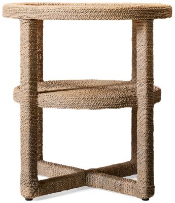Oasis Abaca Side Table - Coastal Modern Design - Round Sintered Stone Top - X-Shaped Base - Natural Abaca Wrapping