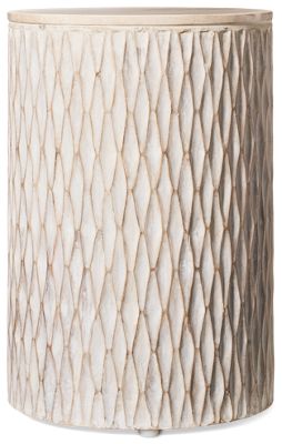 Lorenzo End Table - Round Travertine Top - Mango Wood Base - Carved Diamond Pattern - Coastal Design